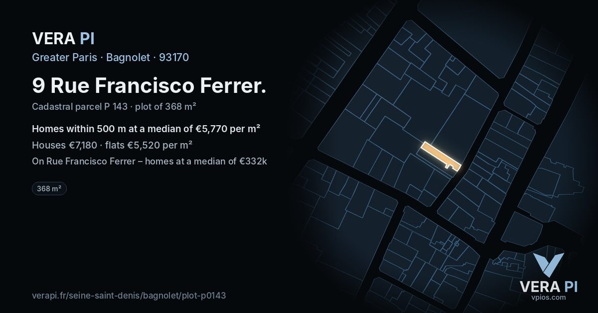 9 Rue Francisco Ferrer, Bagnolet at night – the plot lit, the parcels around coloured by the prices near them