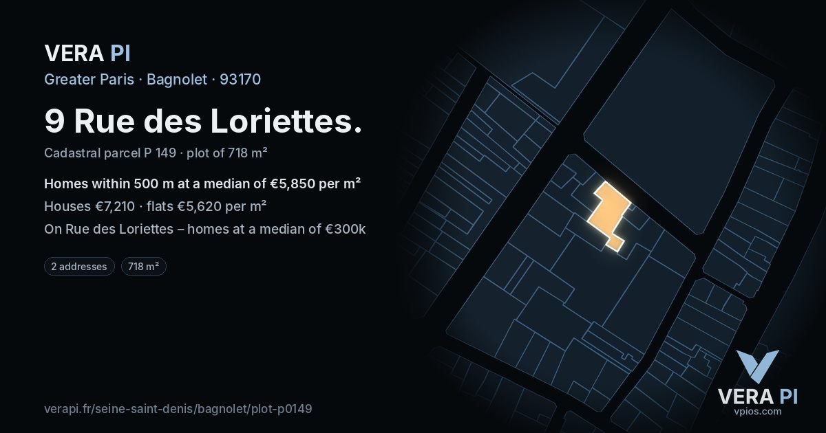 9 Rue des Loriettes, Bagnolet at night – the plot lit, the parcels around coloured by the prices near them