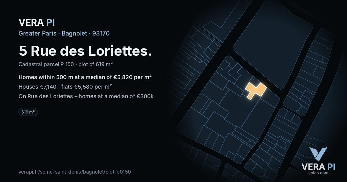 5 Rue des Loriettes, Bagnolet at night – the plot lit, the parcels around coloured by the prices near them