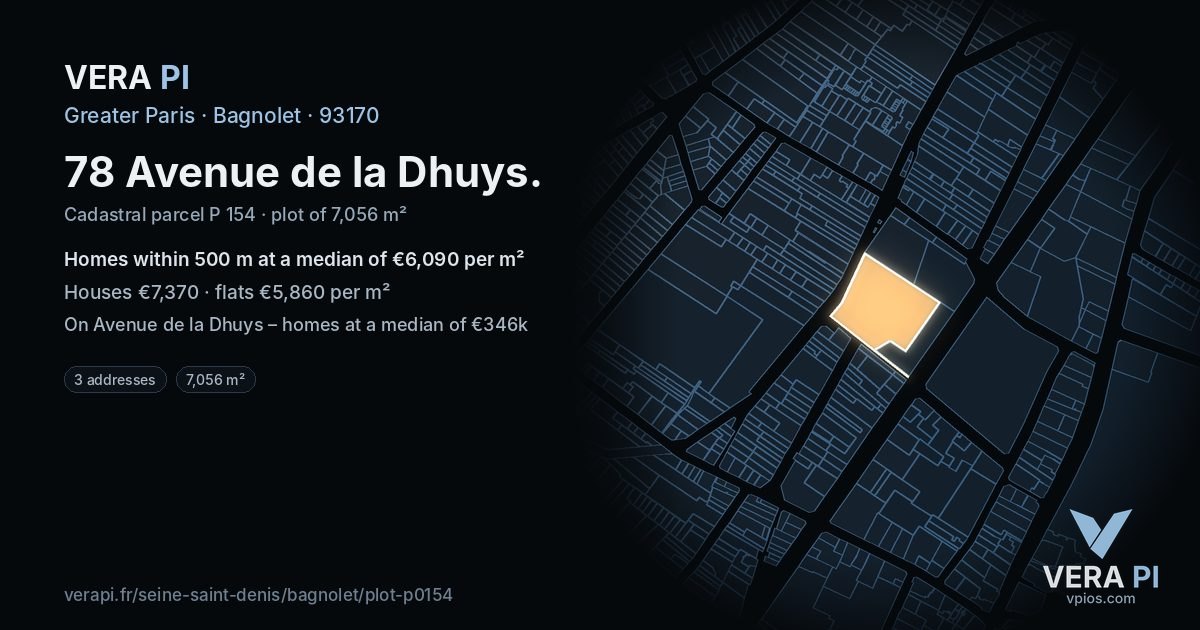 78 Avenue de la Dhuys, Bagnolet at night – the plot lit, the parcels around coloured by the prices near them