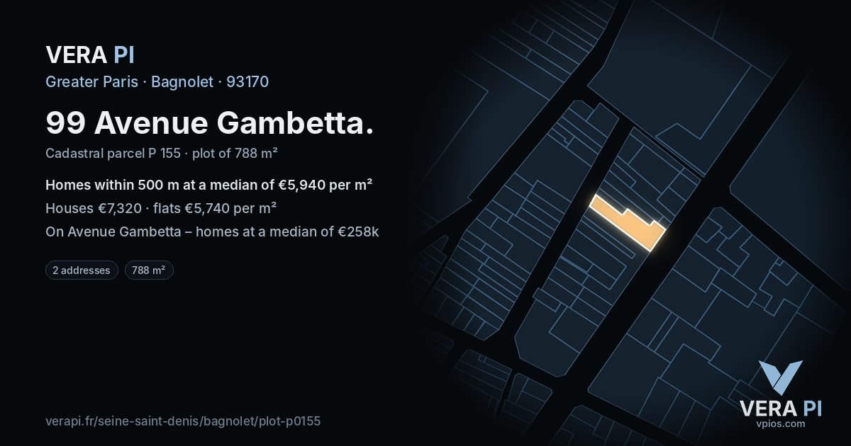 99 Avenue Gambetta, Bagnolet at night – the plot lit, the parcels around coloured by the prices near them