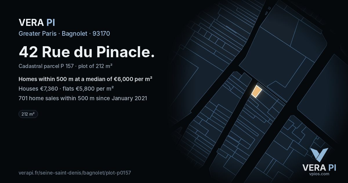 42 Rue du Pinacle, Bagnolet at night – the plot lit, the parcels around coloured by the prices near them
