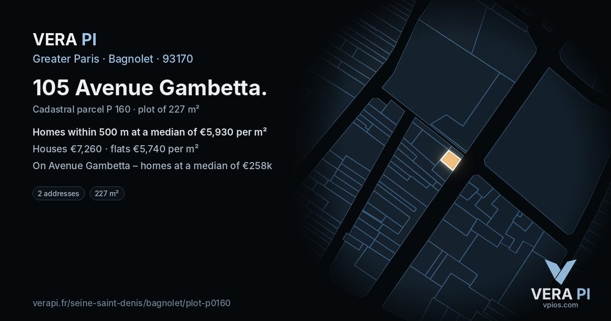 105 Avenue Gambetta, Bagnolet at night – the plot lit, the parcels around coloured by the prices near them