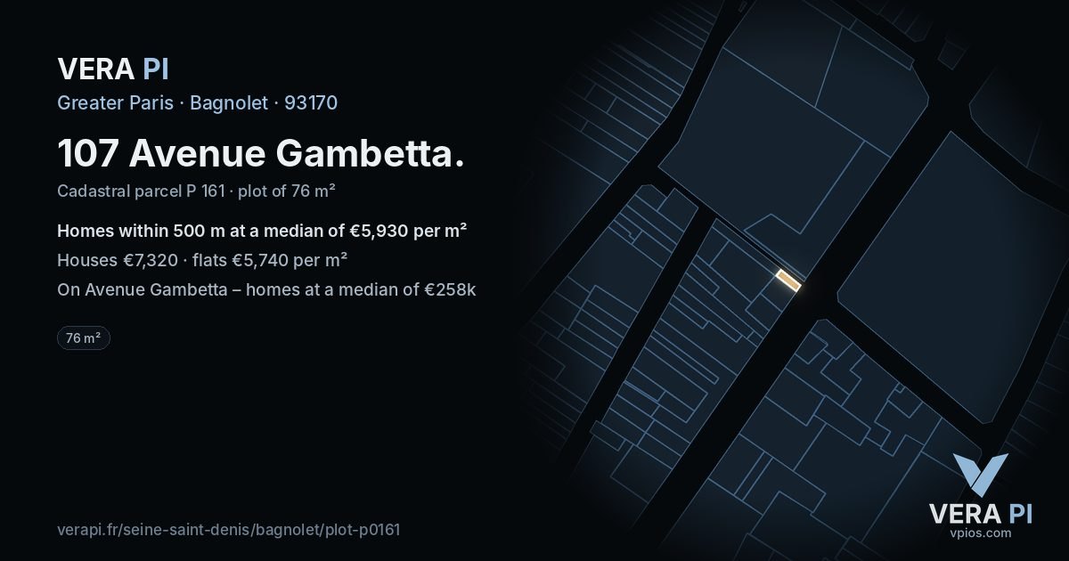 107 Avenue Gambetta, Bagnolet at night – the plot lit, the parcels around coloured by the prices near them