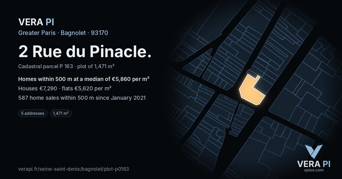 2 Rue du Pinacle, Bagnolet at night – the plot lit, the parcels around coloured by the prices near them