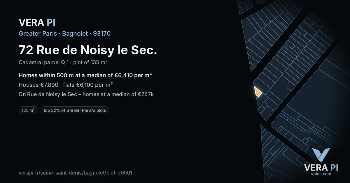 72 Rue de Noisy le Sec, Bagnolet at night – the plot lit, the parcels around coloured by the prices near them
