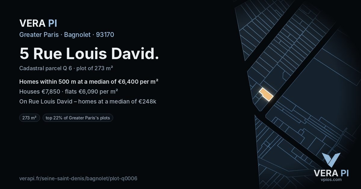 5 Rue Louis David, Bagnolet at night – the plot lit, the parcels around coloured by the prices near them