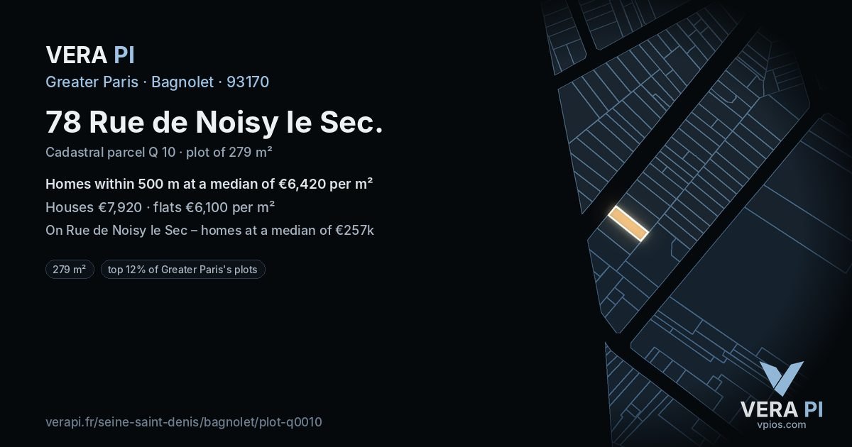 78 Rue de Noisy le Sec, Bagnolet at night – the plot lit, the parcels around coloured by the prices near them