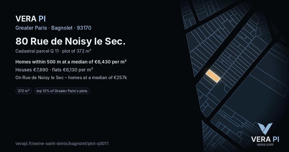 80 Rue de Noisy le Sec, Bagnolet at night – the plot lit, the parcels around coloured by the prices near them