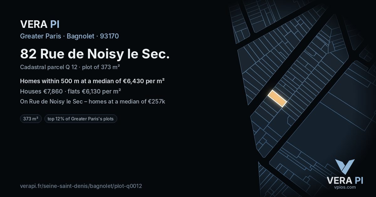 82 Rue de Noisy le Sec, Bagnolet at night – the plot lit, the parcels around coloured by the prices near them