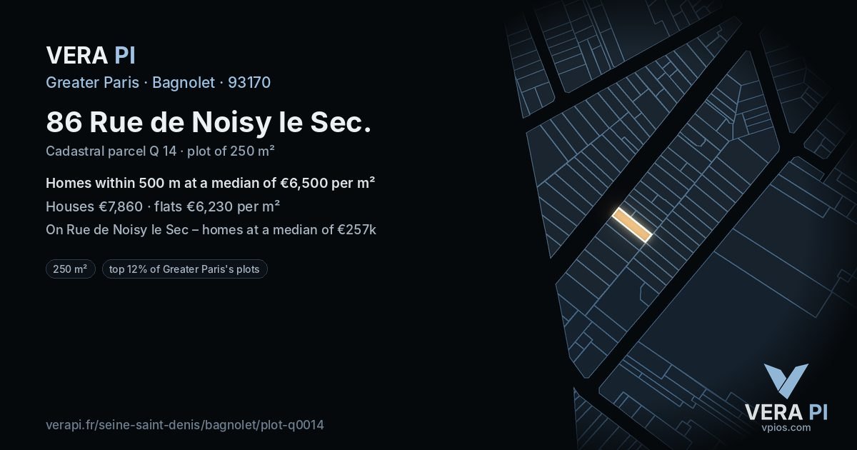 86 Rue de Noisy le Sec, Bagnolet at night – the plot lit, the parcels around coloured by the prices near them