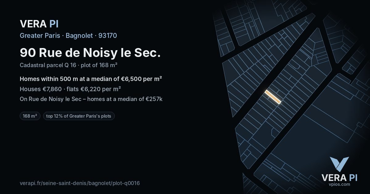 90 Rue de Noisy le Sec, Bagnolet at night – the plot lit, the parcels around coloured by the prices near them