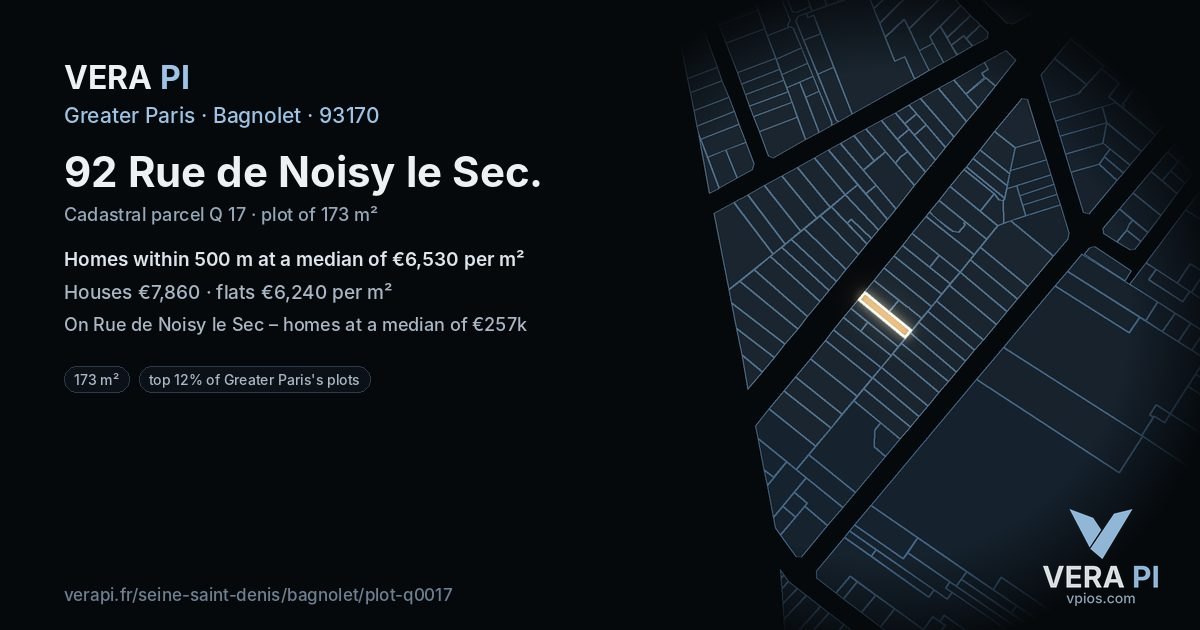 92 Rue de Noisy le Sec, Bagnolet at night – the plot lit, the parcels around coloured by the prices near them