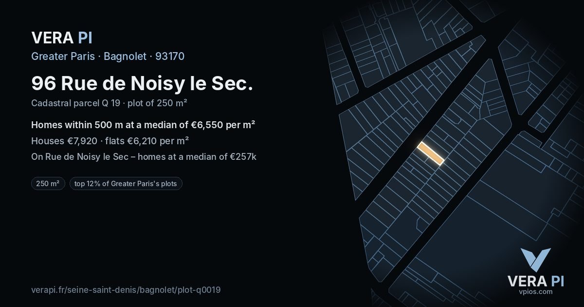 96 Rue de Noisy le Sec, Bagnolet at night – the plot lit, the parcels around coloured by the prices near them