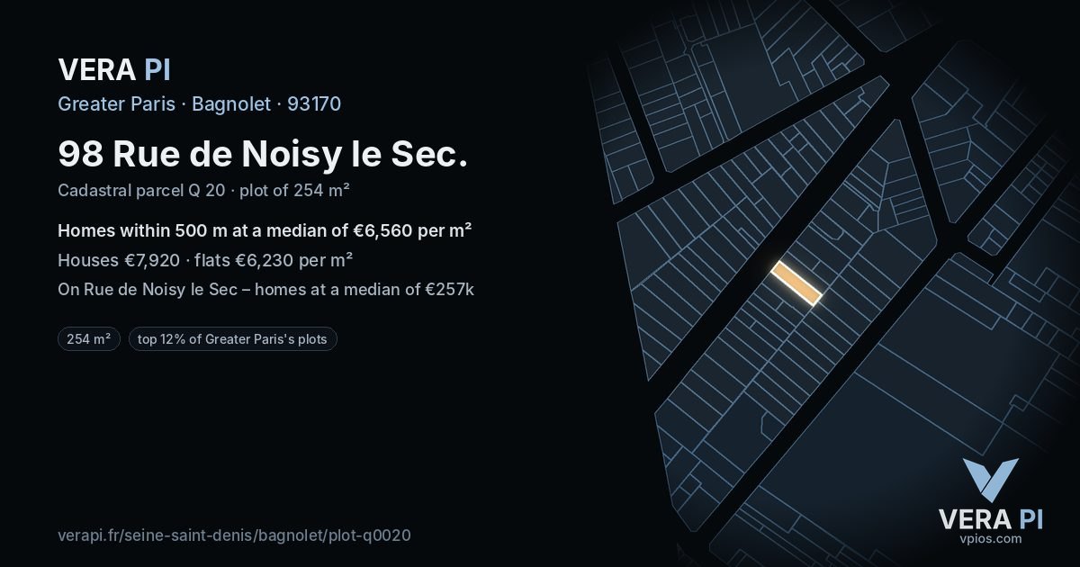 98 Rue de Noisy le Sec, Bagnolet at night – the plot lit, the parcels around coloured by the prices near them
