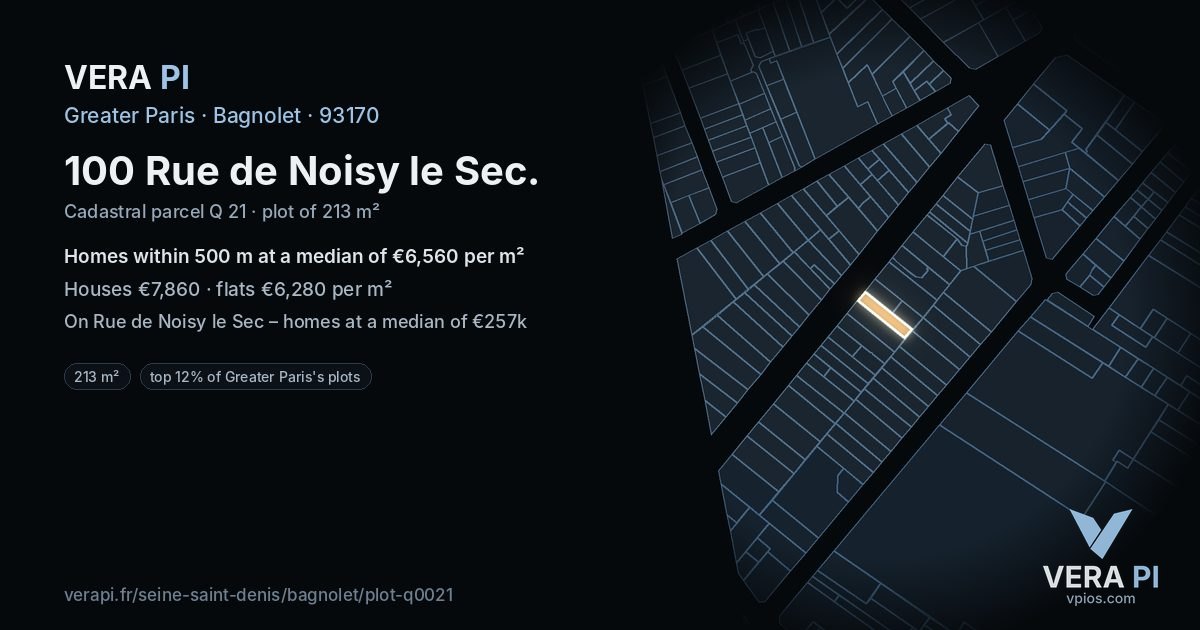 100 Rue de Noisy le Sec, Bagnolet at night – the plot lit, the parcels around coloured by the prices near them