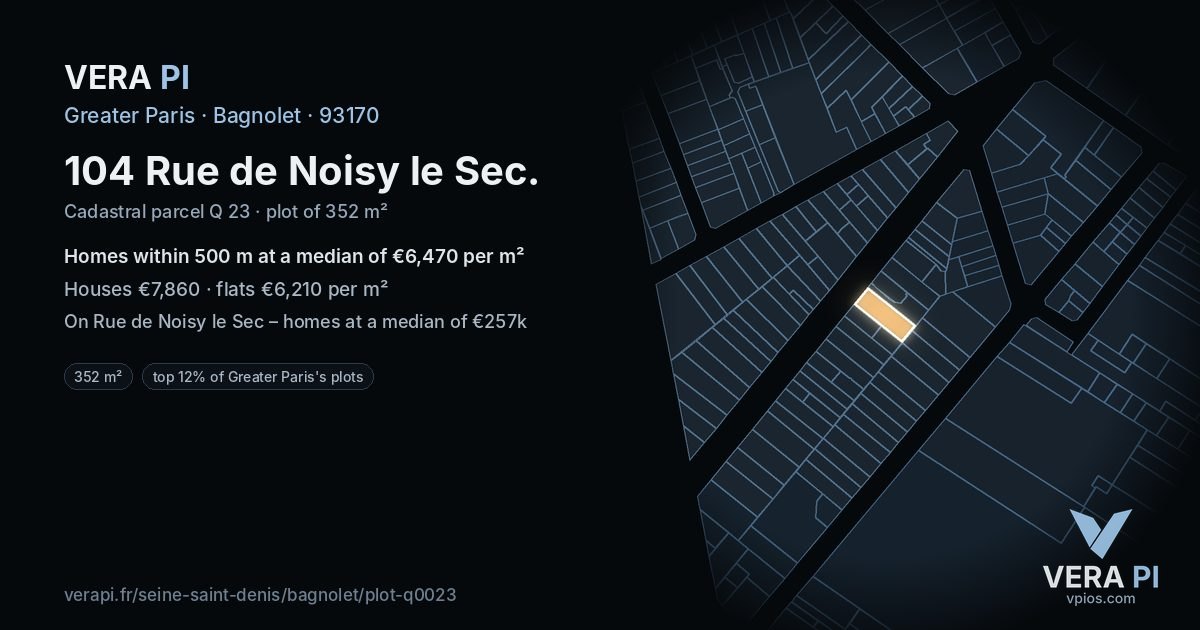 104 Rue de Noisy le Sec, Bagnolet at night – the plot lit, the parcels around coloured by the prices near them