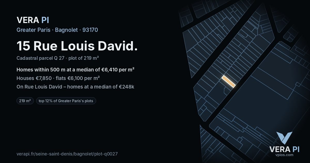 15 Rue Louis David, Bagnolet at night – the plot lit, the parcels around coloured by the prices near them