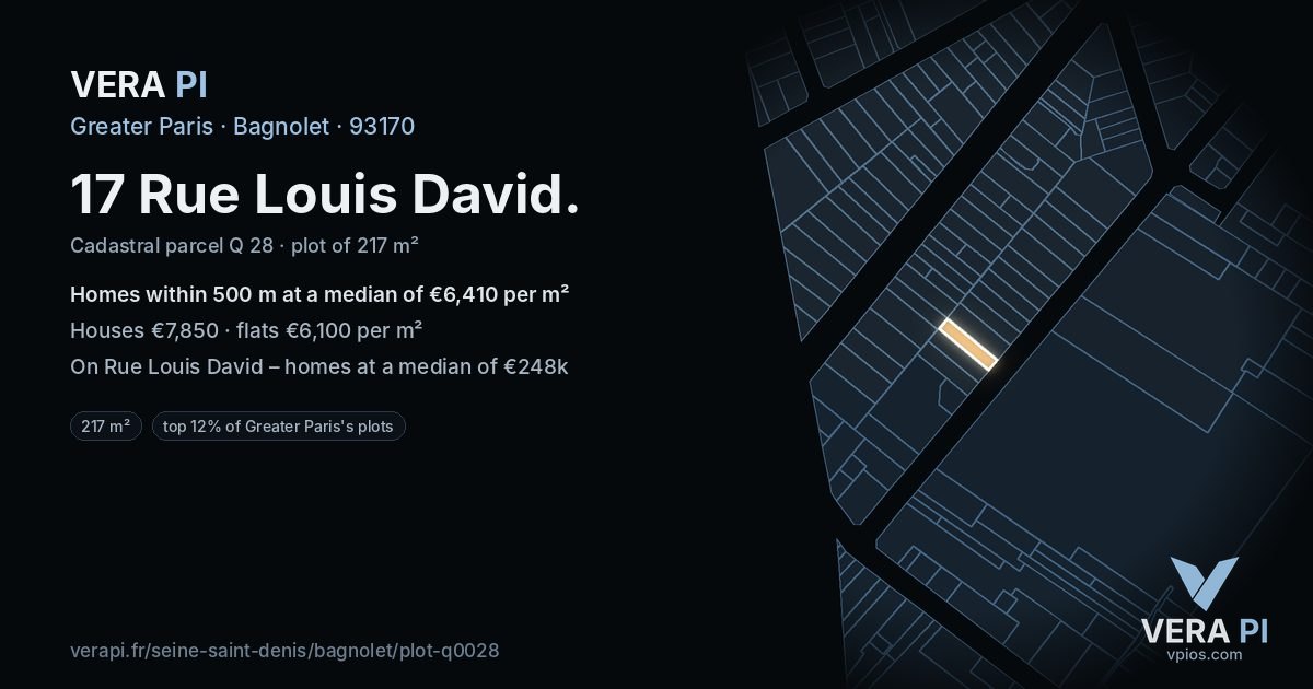17 Rue Louis David, Bagnolet at night – the plot lit, the parcels around coloured by the prices near them