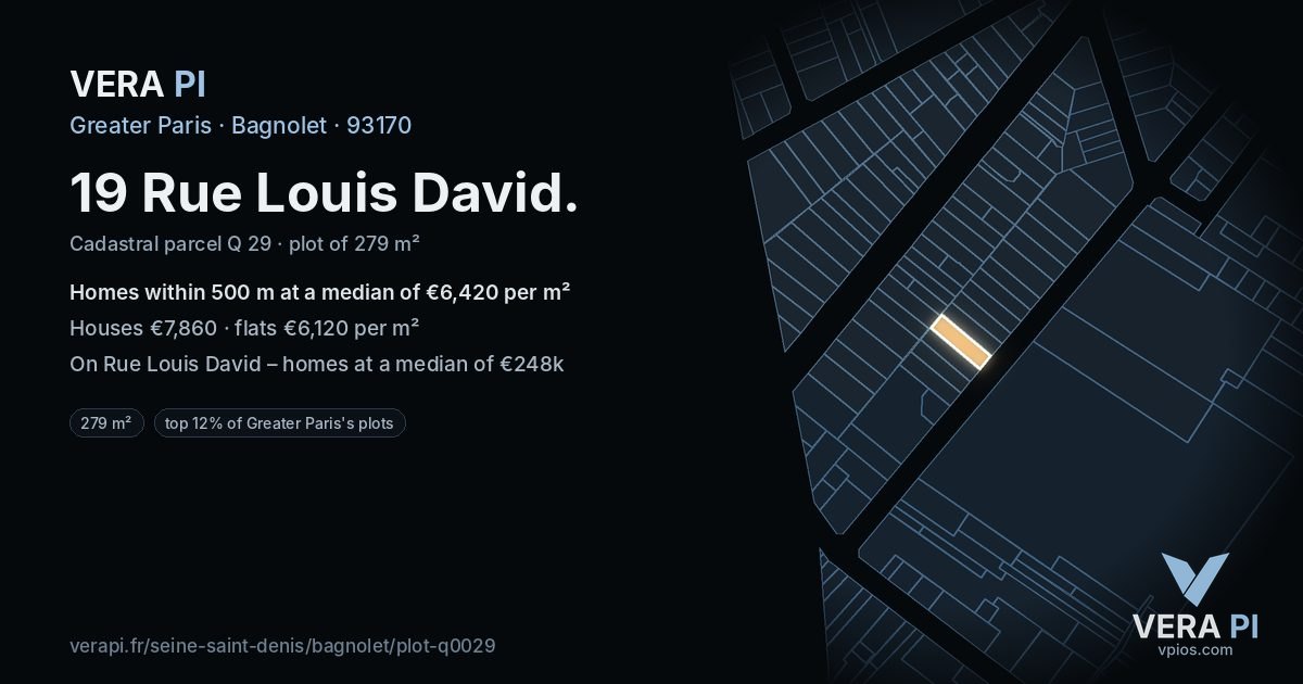 19 Rue Louis David, Bagnolet at night – the plot lit, the parcels around coloured by the prices near them