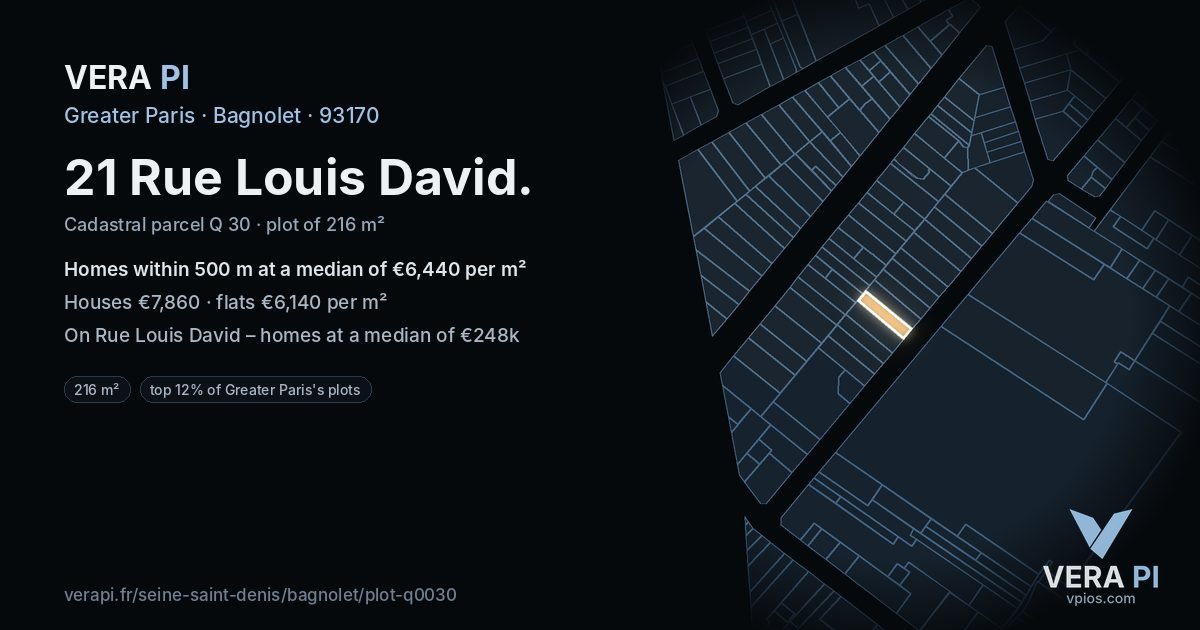21 Rue Louis David, Bagnolet at night – the plot lit, the parcels around coloured by the prices near them