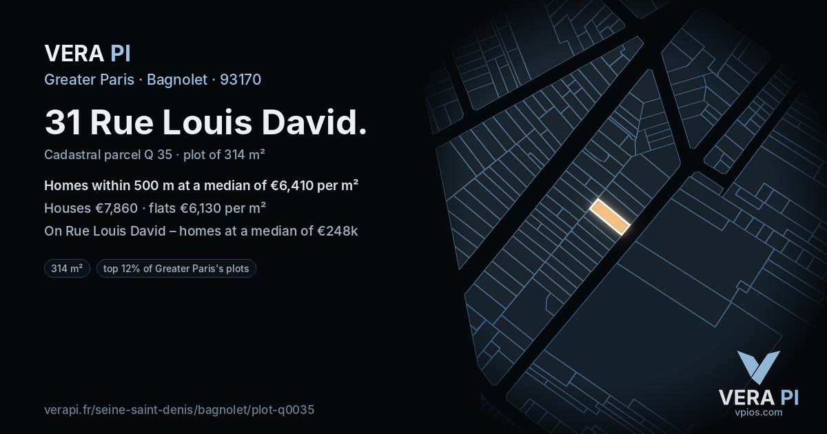 31 Rue Louis David, Bagnolet at night – the plot lit, the parcels around coloured by the prices near them