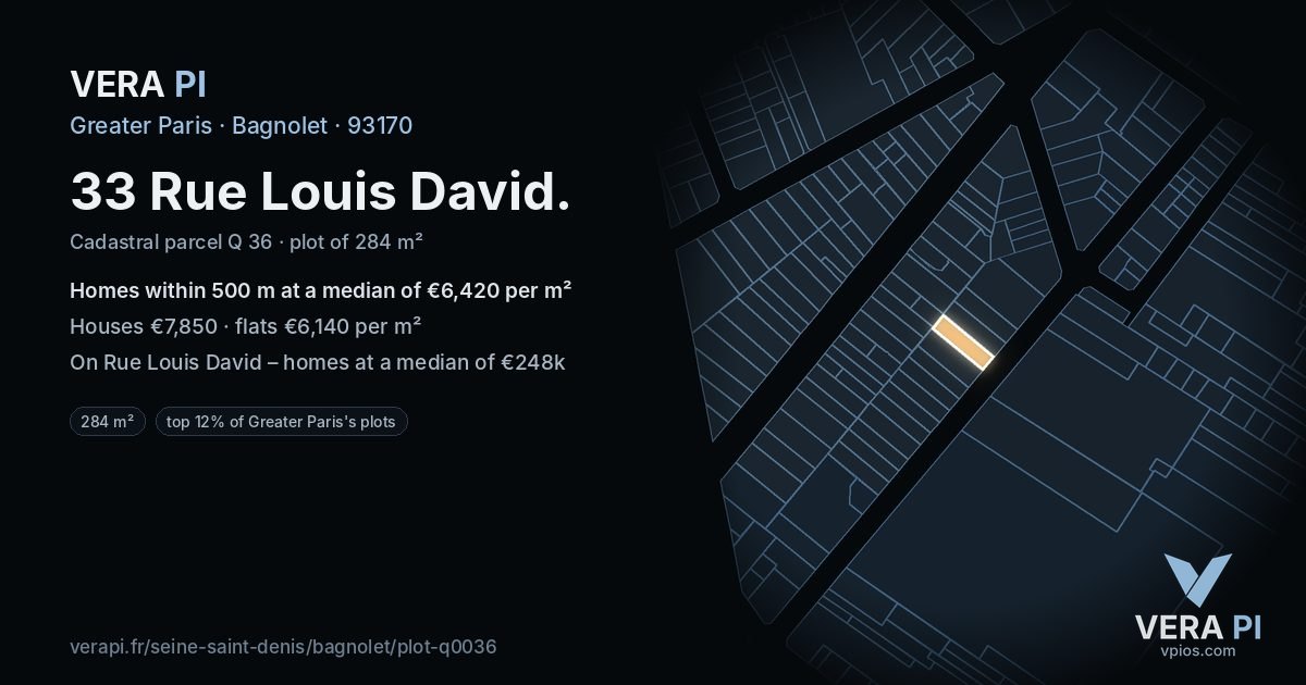 33 Rue Louis David, Bagnolet at night – the plot lit, the parcels around coloured by the prices near them