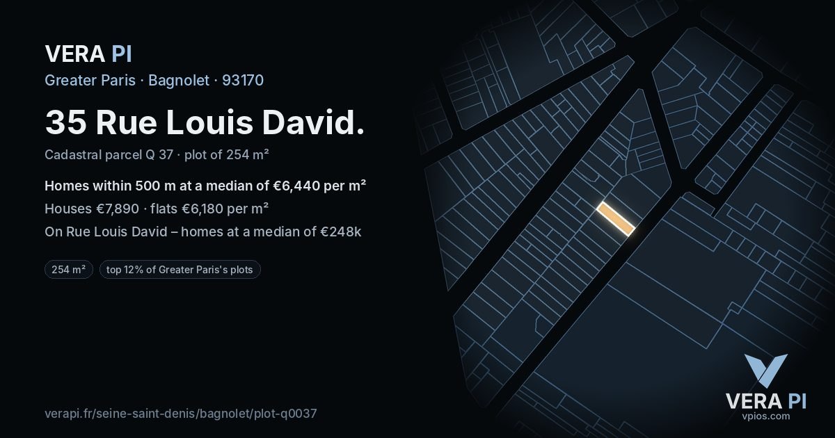 35 Rue Louis David, Bagnolet at night – the plot lit, the parcels around coloured by the prices near them