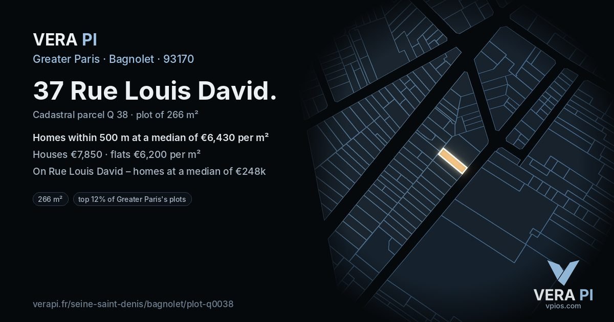37 Rue Louis David, Bagnolet at night – the plot lit, the parcels around coloured by the prices near them