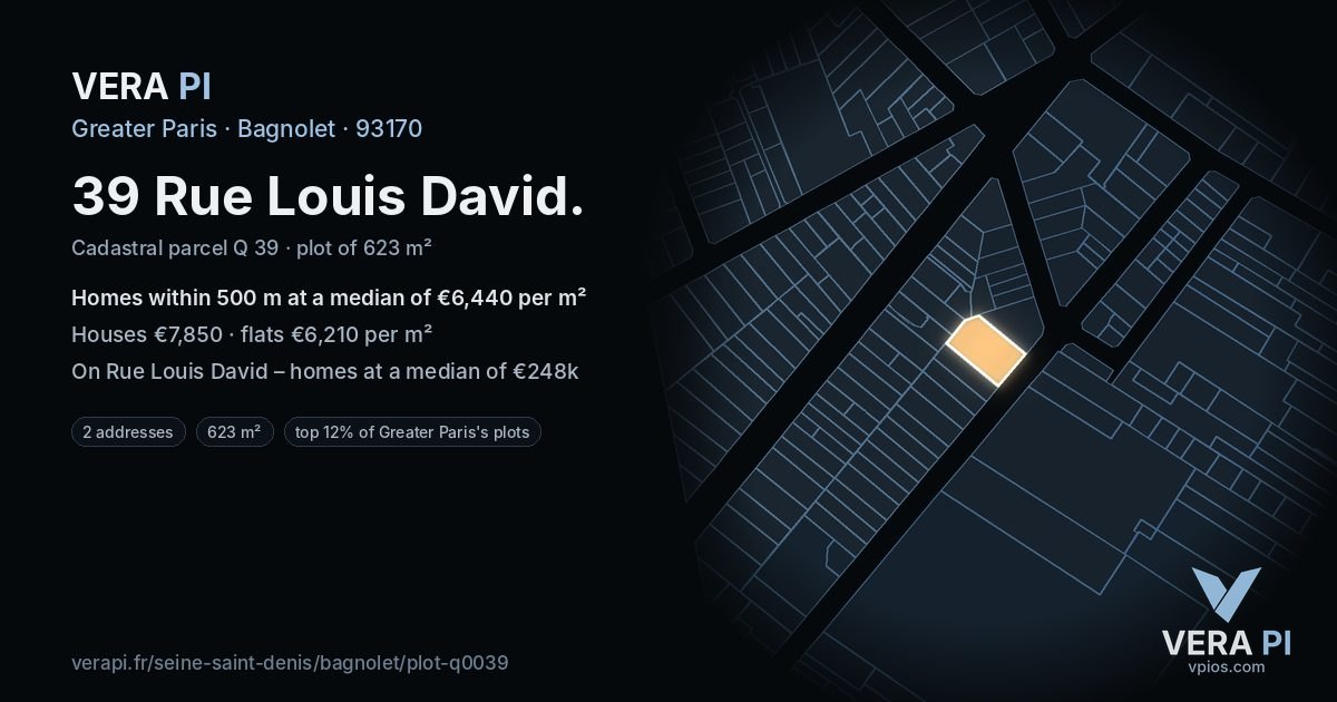 39 Rue Louis David, Bagnolet at night – the plot lit, the parcels around coloured by the prices near them