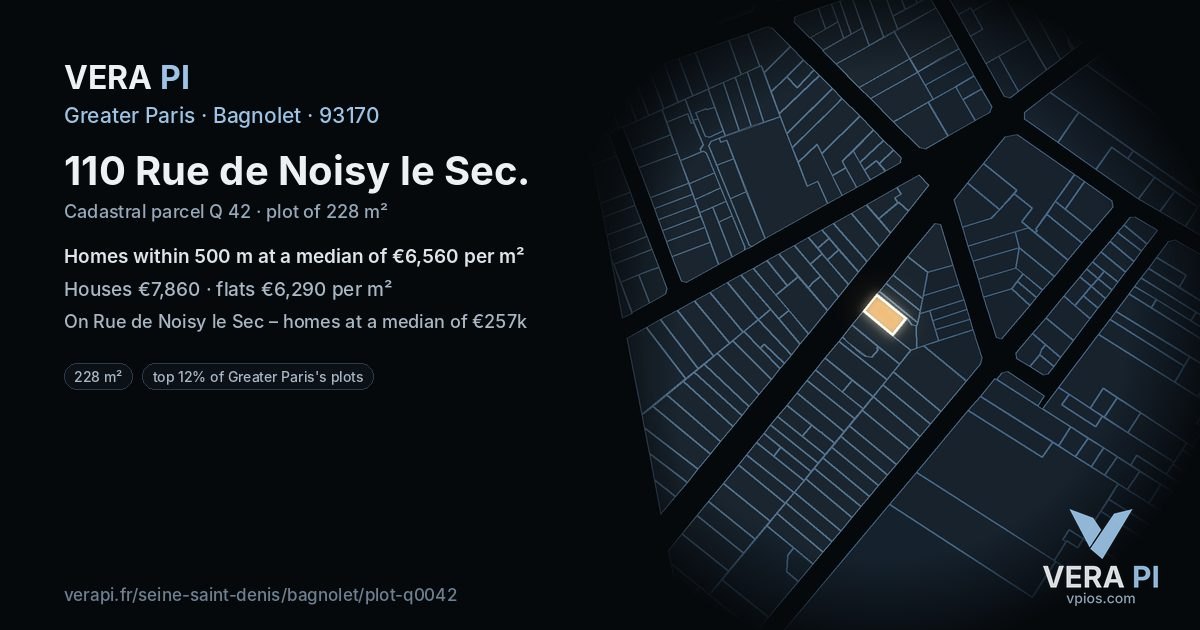 110 Rue de Noisy le Sec, Bagnolet at night – the plot lit, the parcels around coloured by the prices near them