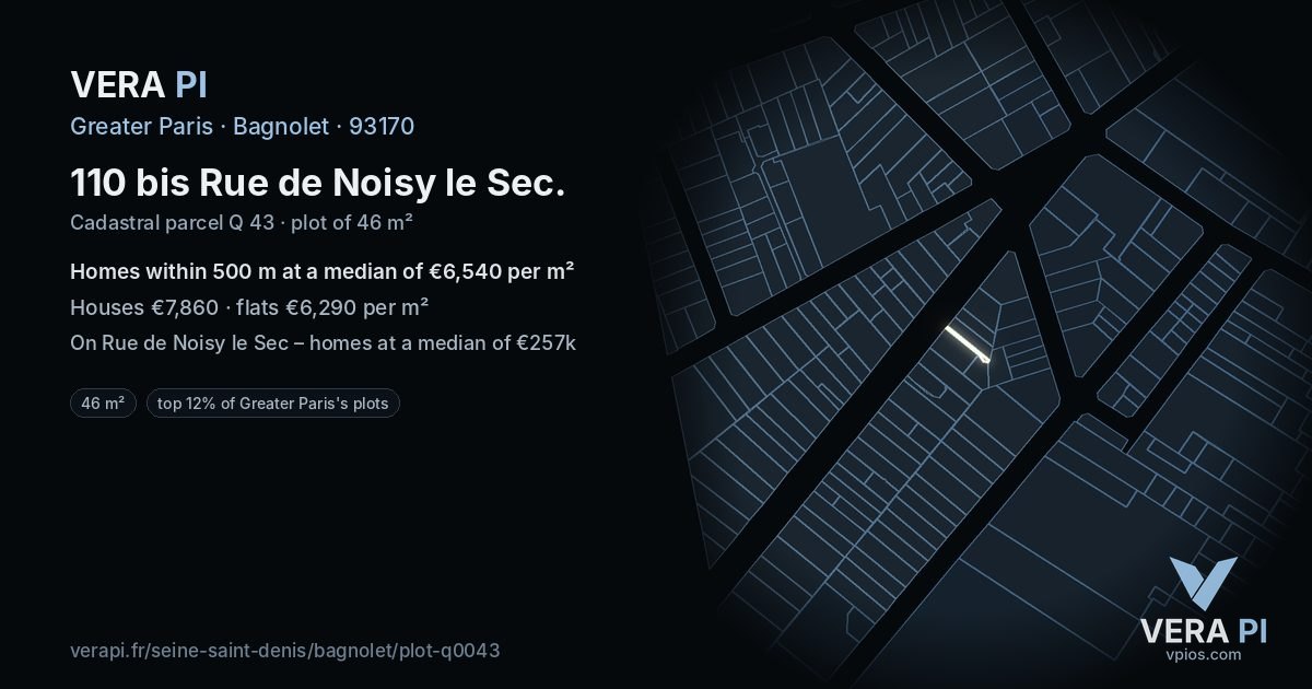 110 bis Rue de Noisy le Sec, Bagnolet at night – the plot lit, the parcels around coloured by the prices near them