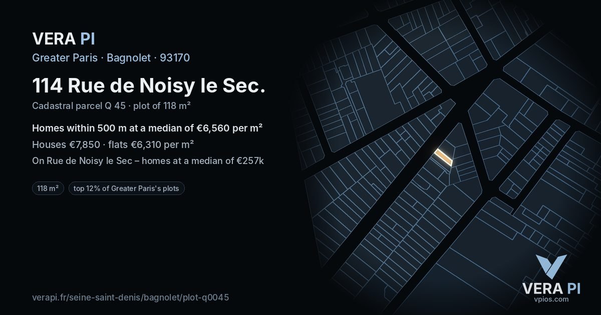 114 Rue de Noisy le Sec, Bagnolet at night – the plot lit, the parcels around coloured by the prices near them