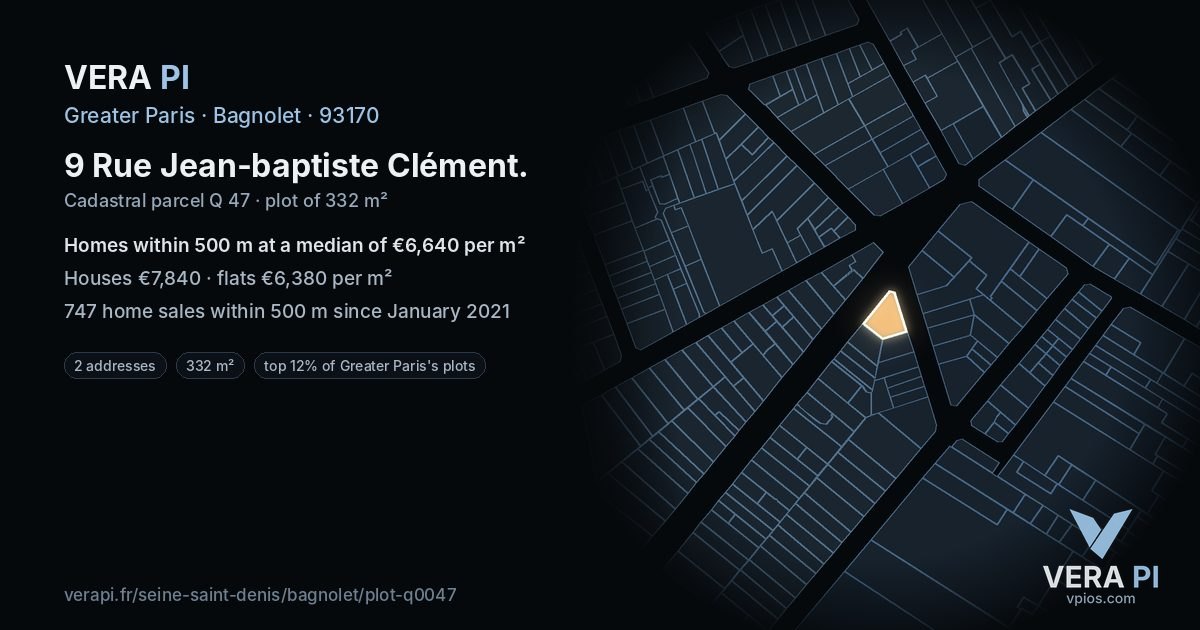 9 Rue Jean-baptiste Clément, Bagnolet at night – the plot lit, the parcels around coloured by the prices near them