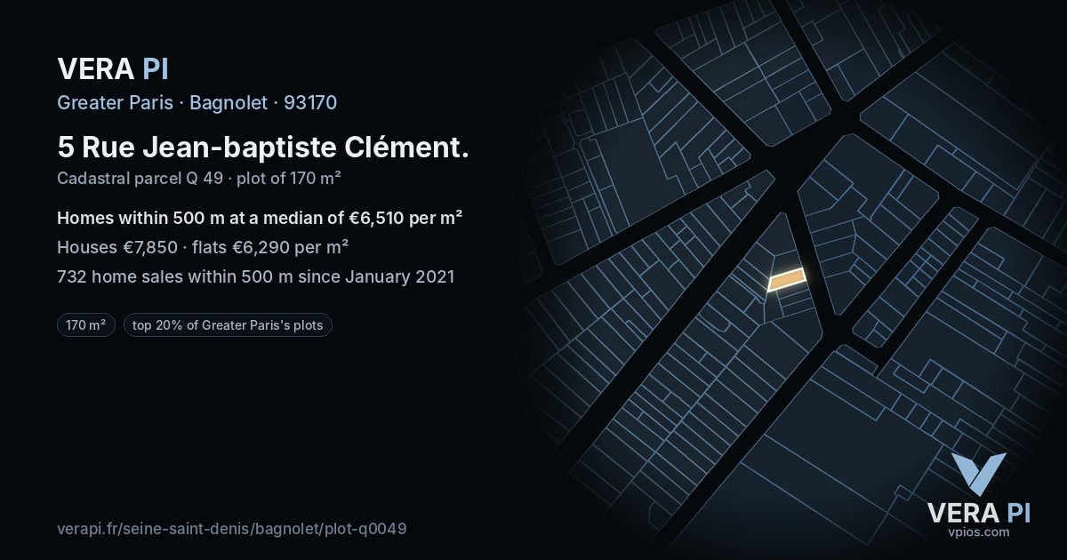 5 Rue Jean-baptiste Clément, Bagnolet at night – the plot lit, the parcels around coloured by the prices near them