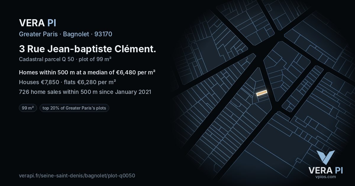 3 Rue Jean-baptiste Clément, Bagnolet at night – the plot lit, the parcels around coloured by the prices near them