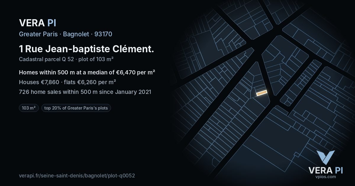 1 Rue Jean-baptiste Clément, Bagnolet at night – the plot lit, the parcels around coloured by the prices near them