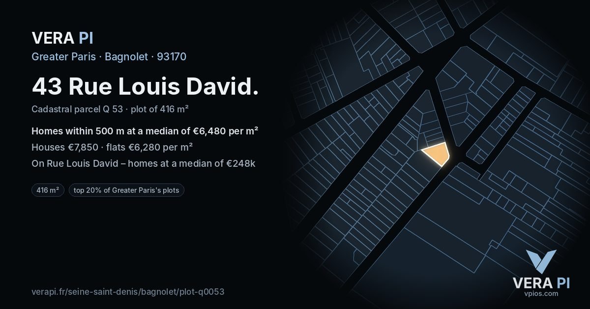 43 Rue Louis David, Bagnolet at night – the plot lit, the parcels around coloured by the prices near them