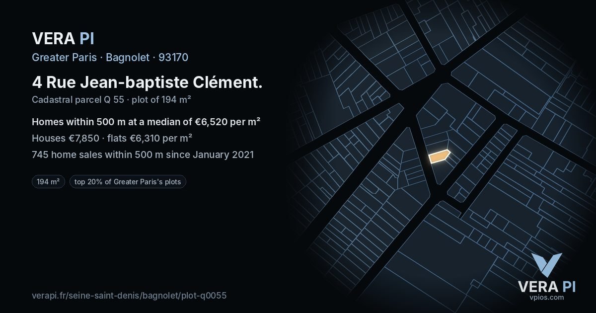 4 Rue Jean-baptiste Clément, Bagnolet at night – the plot lit, the parcels around coloured by the prices near them