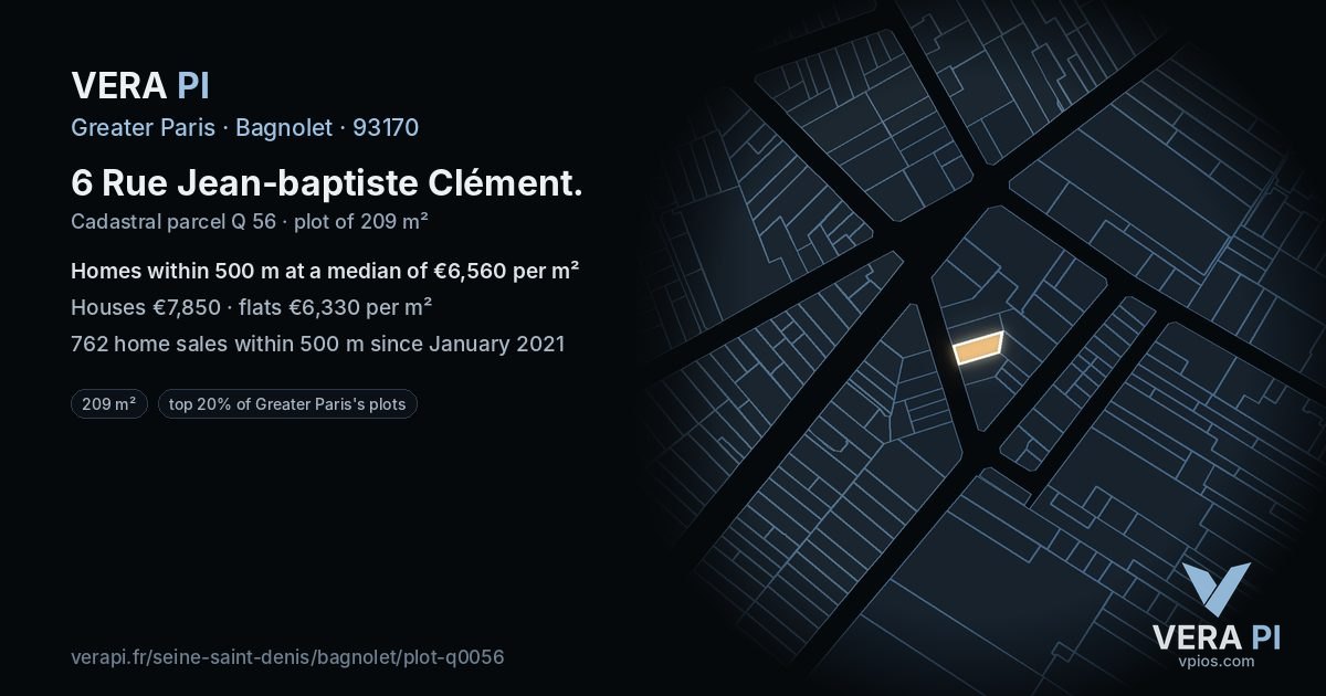 6 Rue Jean-baptiste Clément, Bagnolet at night – the plot lit, the parcels around coloured by the prices near them