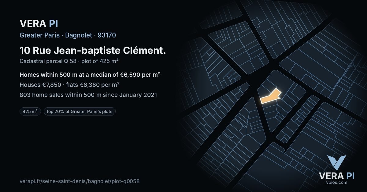 10 Rue Jean-baptiste Clément, Bagnolet at night – the plot lit, the parcels around coloured by the prices near them