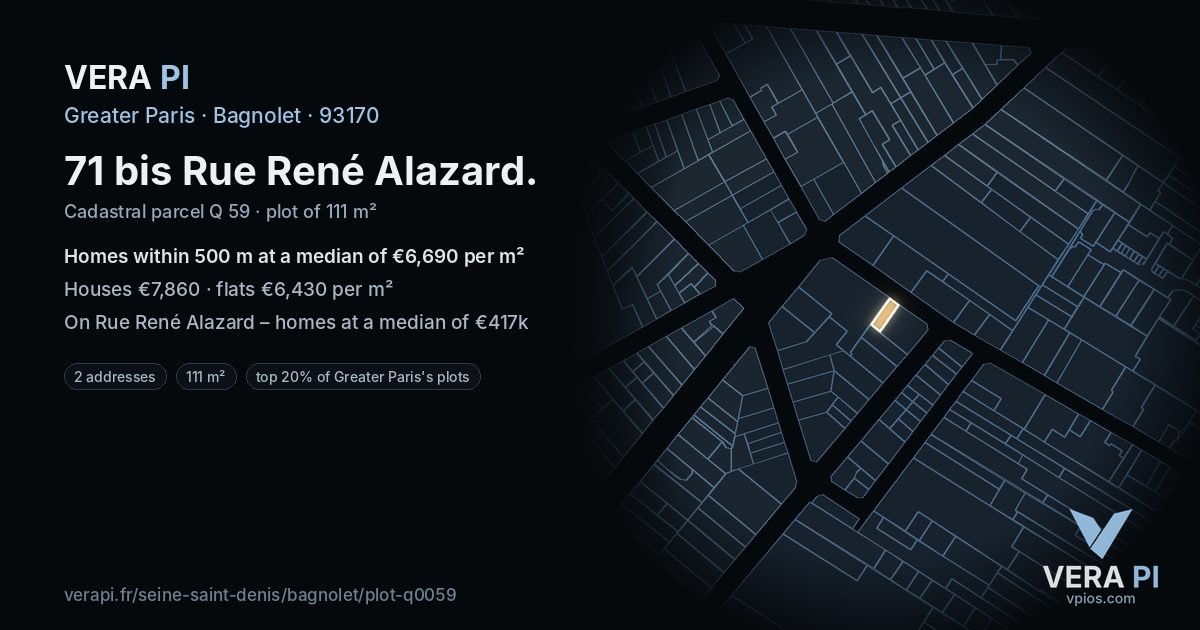 71 bis Rue René Alazard, Bagnolet at night – the plot lit, the parcels around coloured by the prices near them