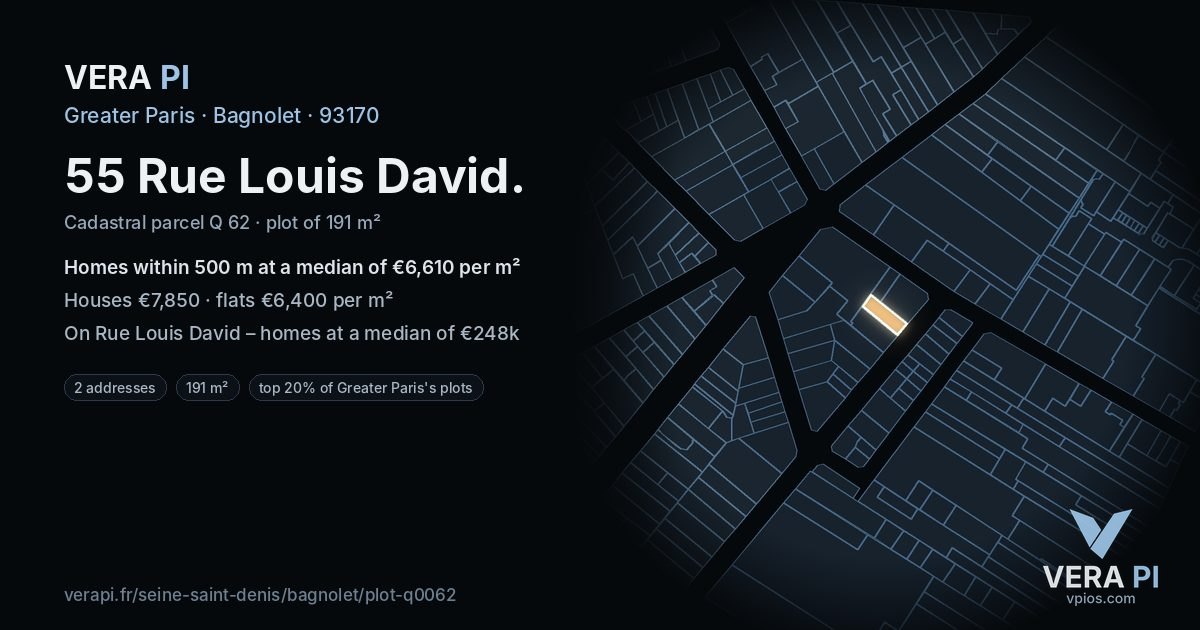 55 Rue Louis David, Bagnolet at night – the plot lit, the parcels around coloured by the prices near them