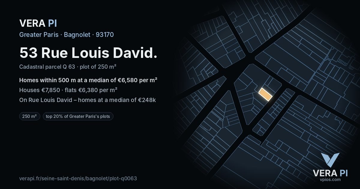 53 Rue Louis David, Bagnolet at night – the plot lit, the parcels around coloured by the prices near them