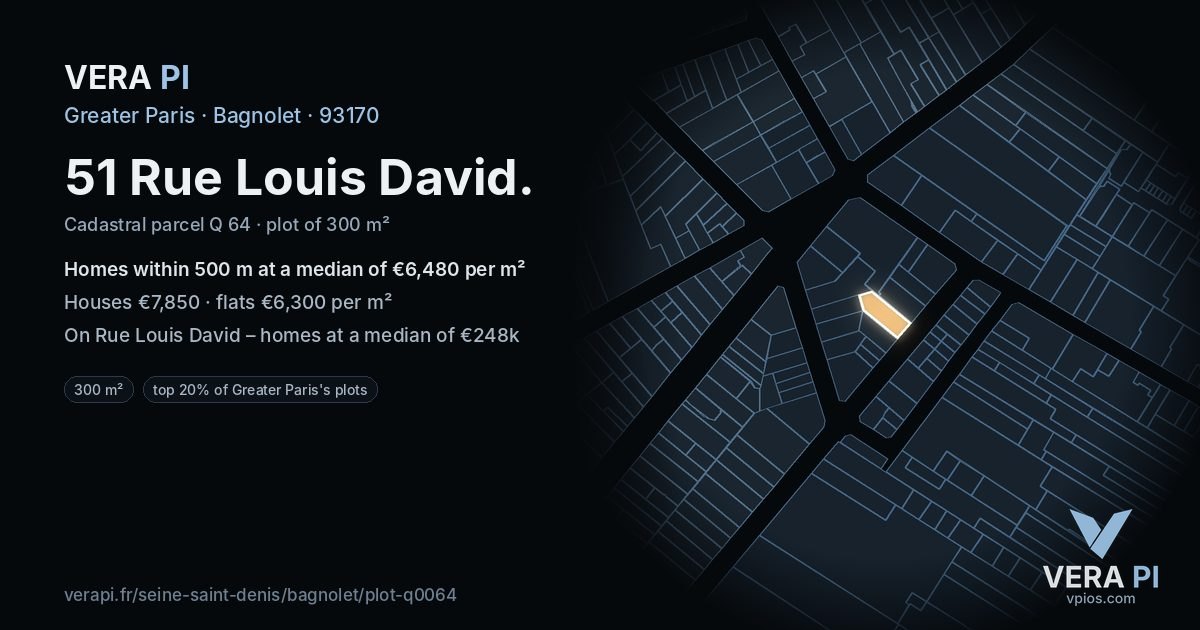 51 Rue Louis David, Bagnolet at night – the plot lit, the parcels around coloured by the prices near them