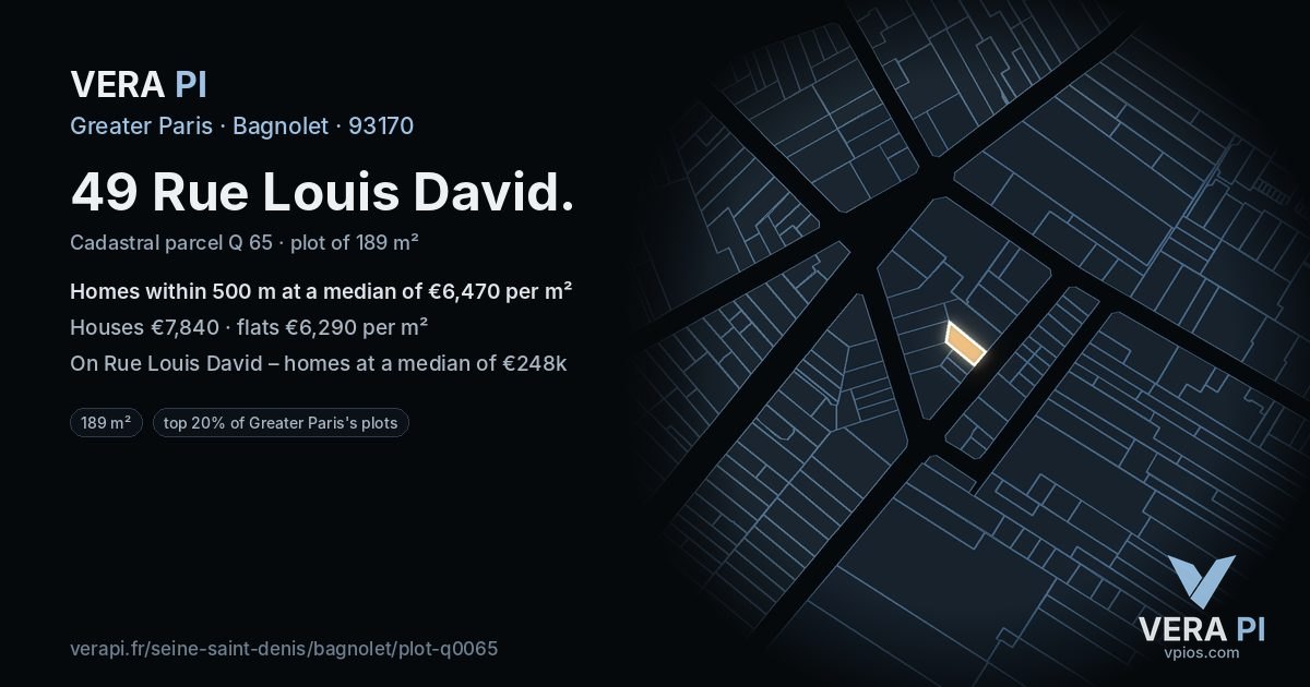 49 Rue Louis David, Bagnolet at night – the plot lit, the parcels around coloured by the prices near them