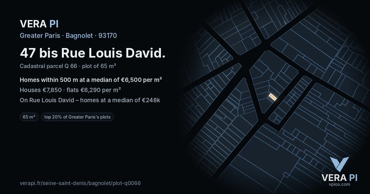 47 bis Rue Louis David, Bagnolet at night – the plot lit, the parcels around coloured by the prices near them