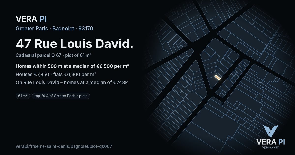 47 Rue Louis David, Bagnolet at night – the plot lit, the parcels around coloured by the prices near them