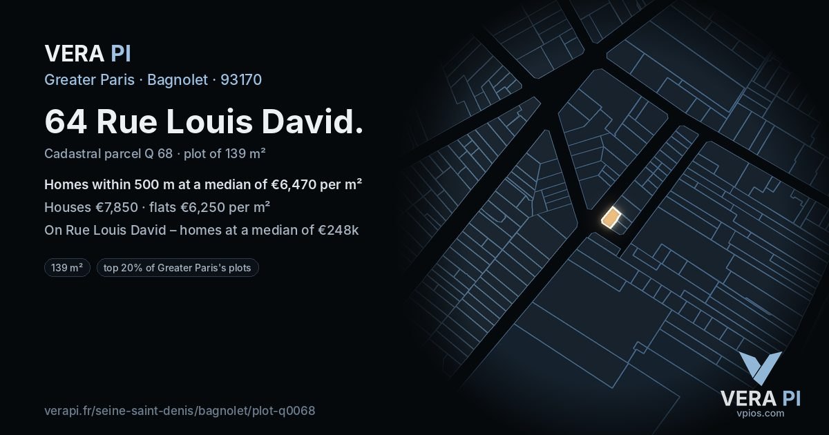 64 Rue Louis David, Bagnolet at night – the plot lit, the parcels around coloured by the prices near them