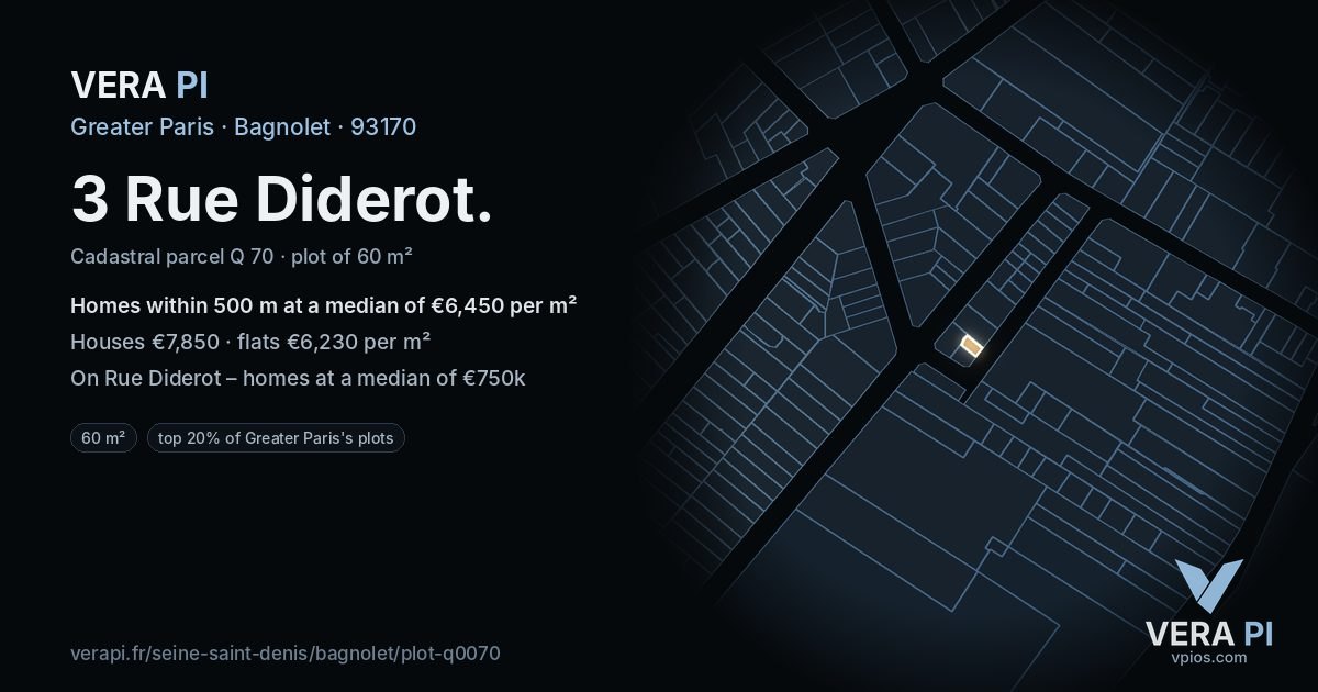 3 Rue Diderot, Bagnolet at night – the plot lit, the parcels around coloured by the prices near them